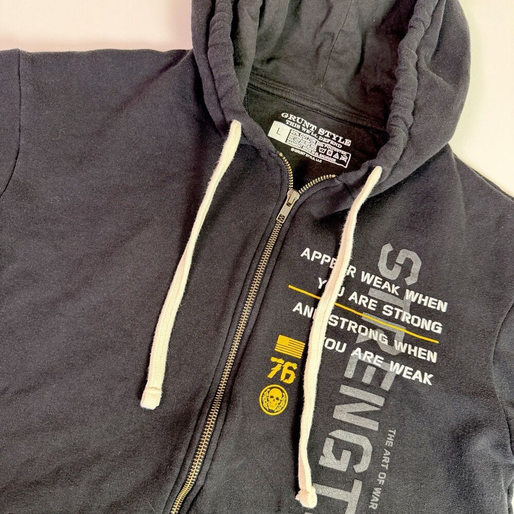 Grunt Style Zip Hoodie Men's L Black Strength Patriotic American Flag Military